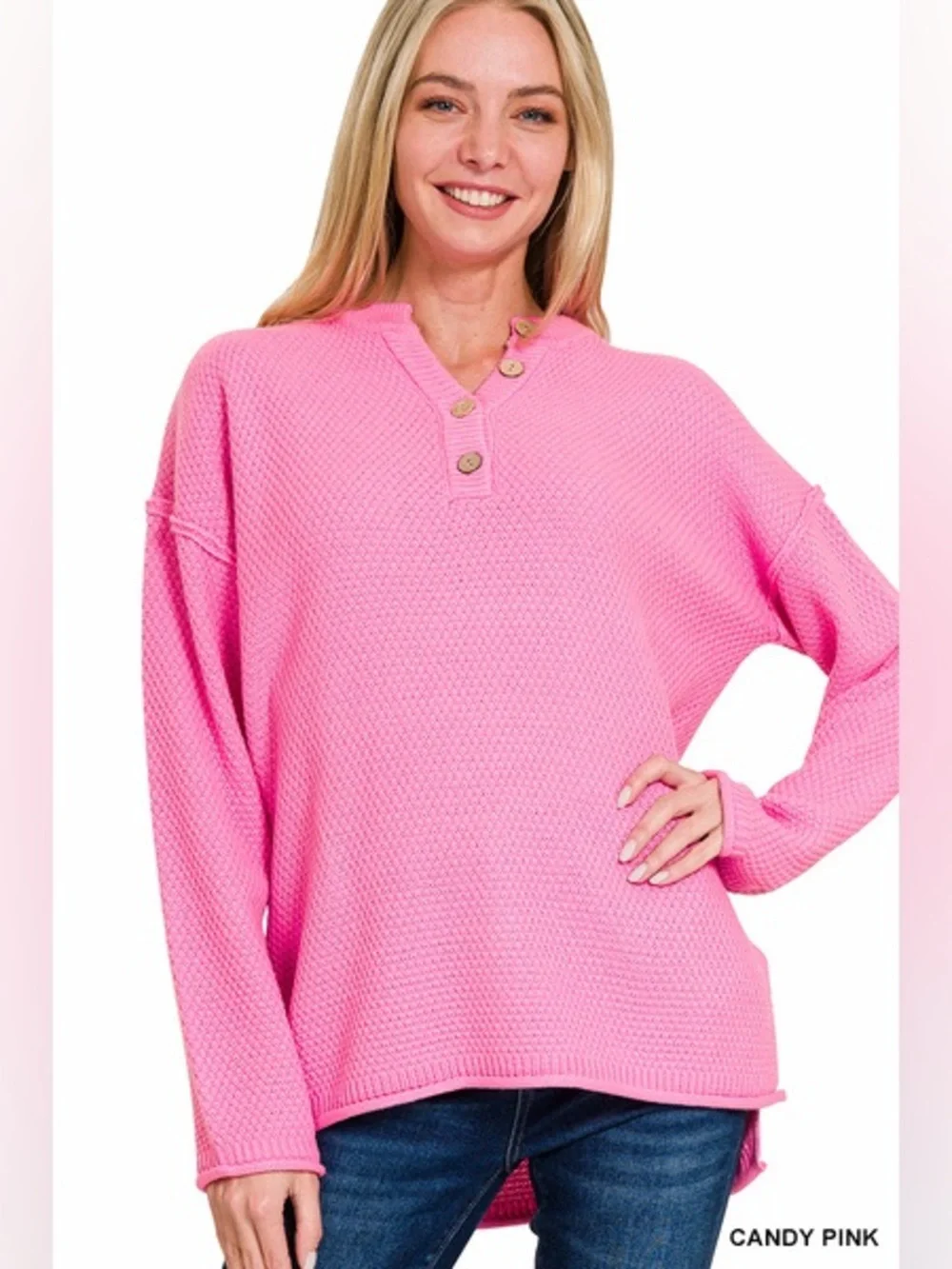 Zenana Waffle Knit Henley Sweater - Blue, Pink, Green